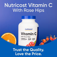 Nutricost Vitamina C con escaramujos, 1025 mg, 240 cápsulas, vitamina C 1,000 mg, rosa cadera, 25 mg, premium, sin OMG, suplemento sin gluten