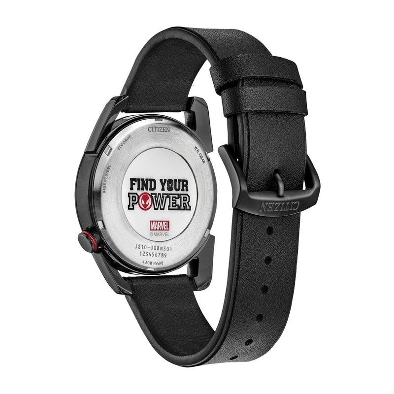 Citizen Reloj Eco-Drive Marvel Miles Morales acero inoxidable negro con correa cuero y esfera negra, modelo AW1685-00W