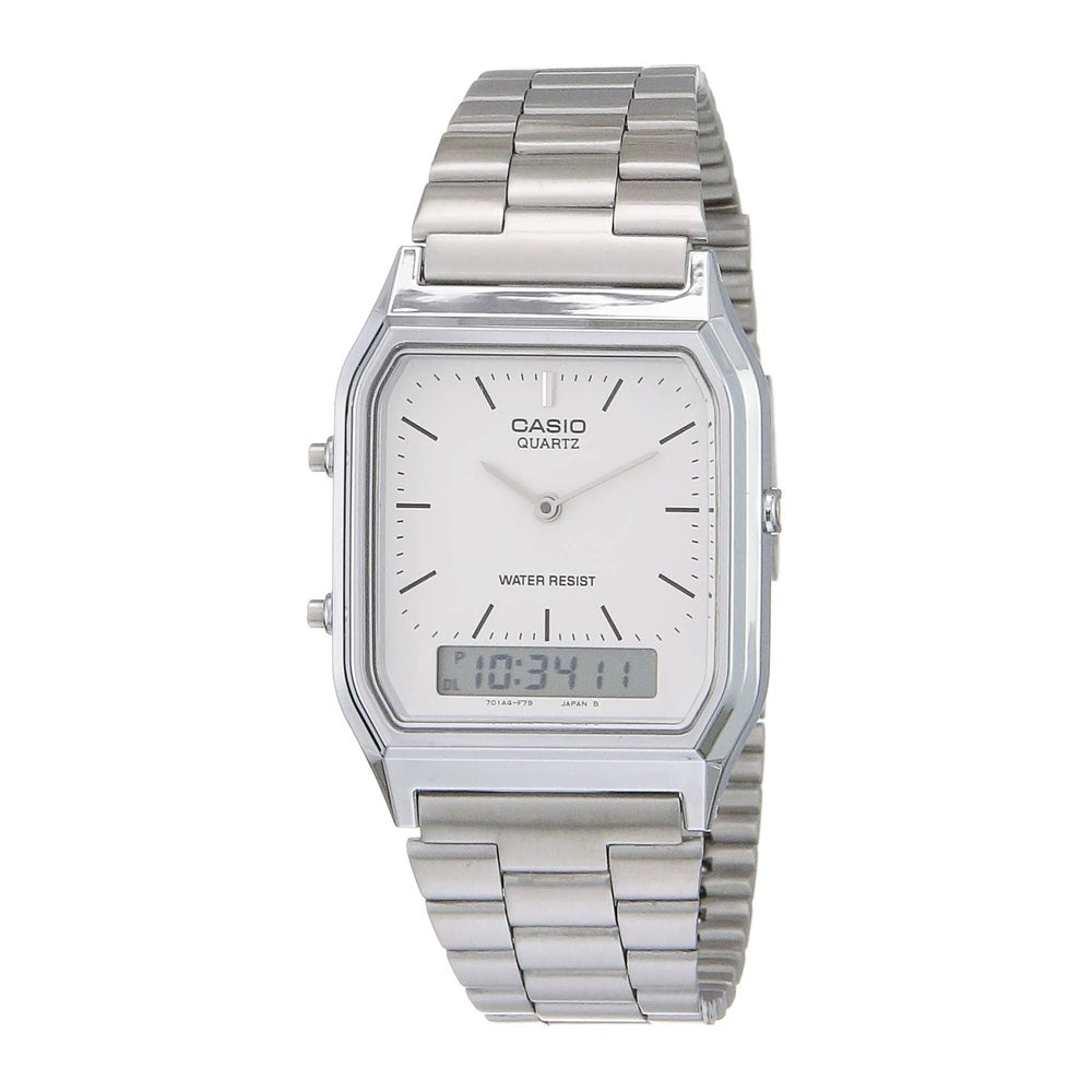 Reloj Casio para Hombre Digital AQ230A-7D Plateado, Elegante con Alarma, Cronógrafo y Resistente al Agua