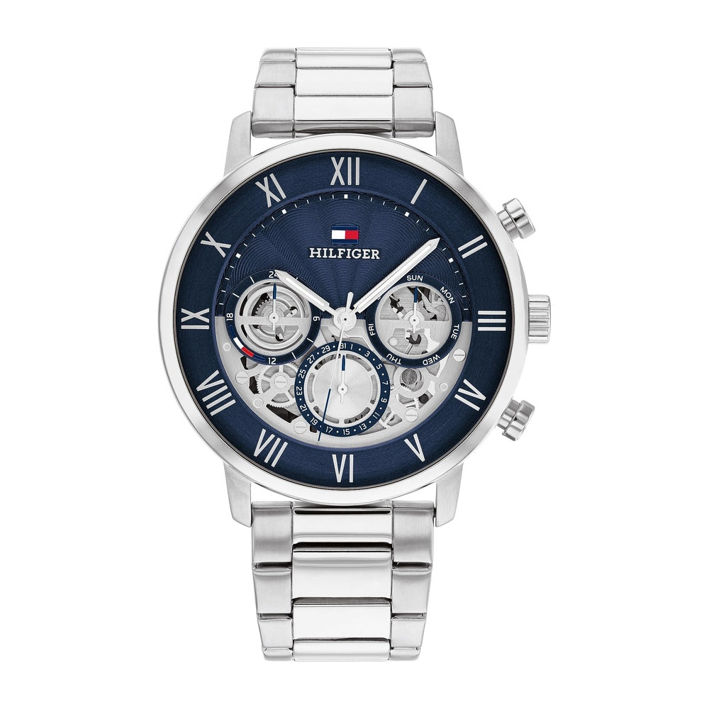 Reloj Tommy Hilfiger multifunción para hombre con números romanos y esfera de apertura, perfecto para ocasiones formales