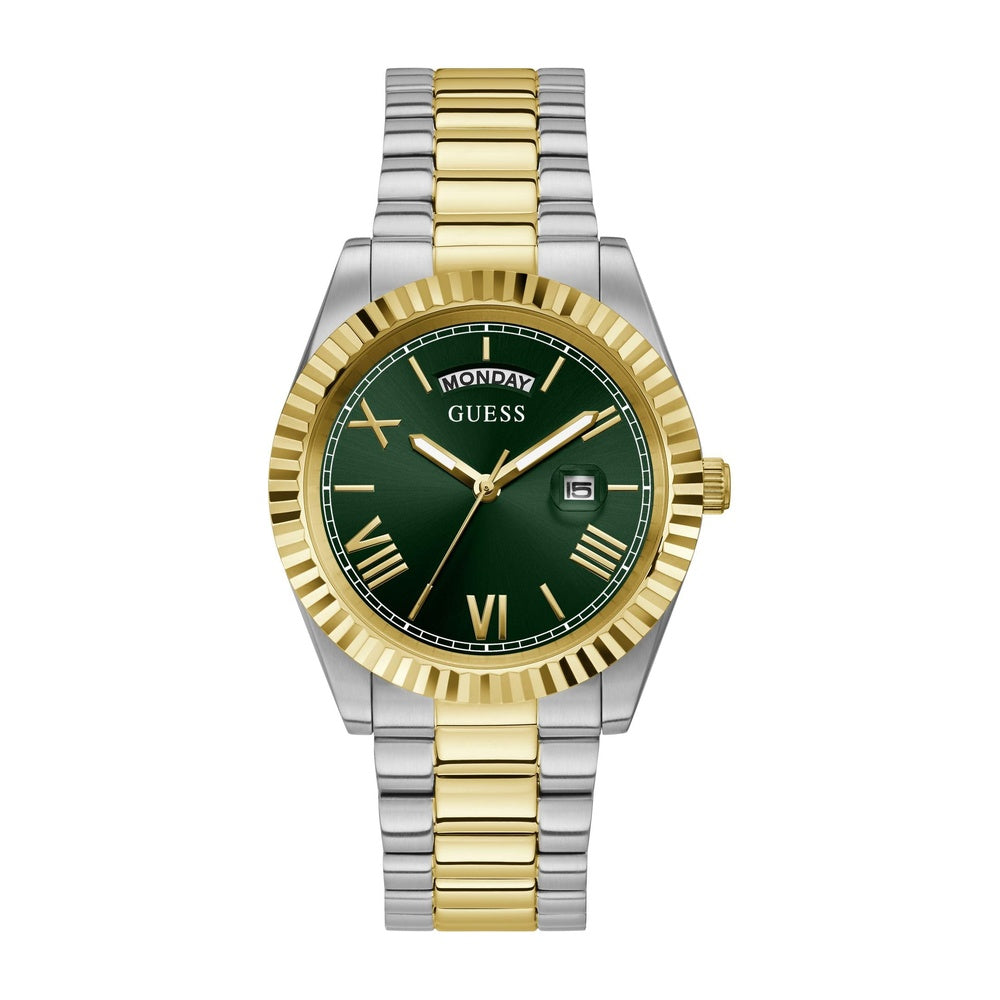 GUESS Reloj para hombre con correa de dos tonos, esfera verde, caja de acero inoxidable, diseño elegante y resistente al agua