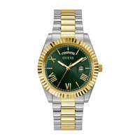 GUESS Reloj para hombre con correa de dos tonos, esfera verde, caja de acero inoxidable, diseño elegante y resistente al agua