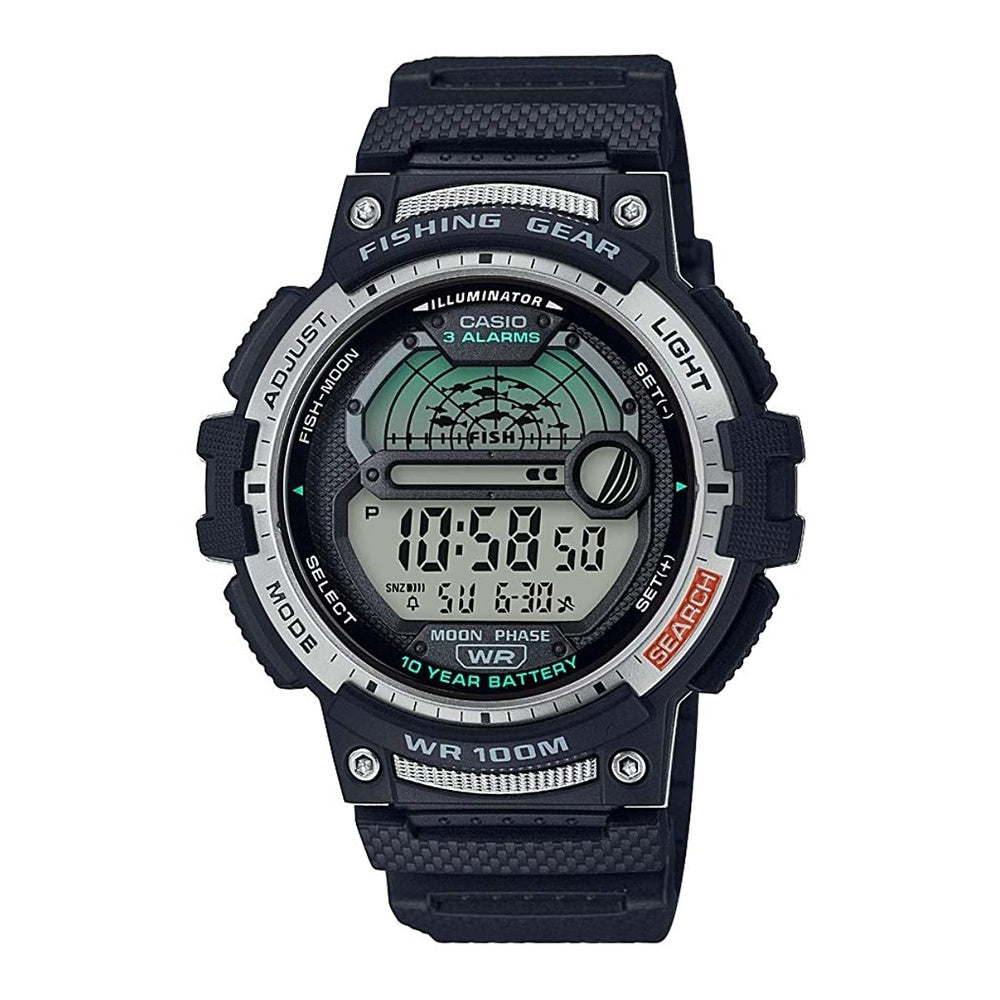 Reloj Casio para pesca con temporizador, luz LED, resistente al agua y datos de luna. Ideal para actividades acuáticas