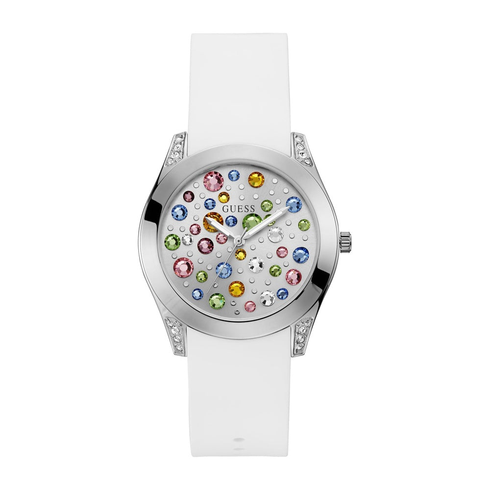 Reloj GUESS con cristal multicolor, carcasa plateada y silicona blanca resistente a manchas, perfecto para mujeres elegantes