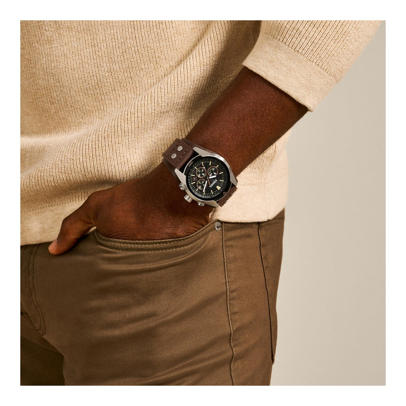 Reloj Fossil Coachman de cuarzo, acero inoxidable y cuero, cronógrafo analógico resistente al agua, color marrón y negro