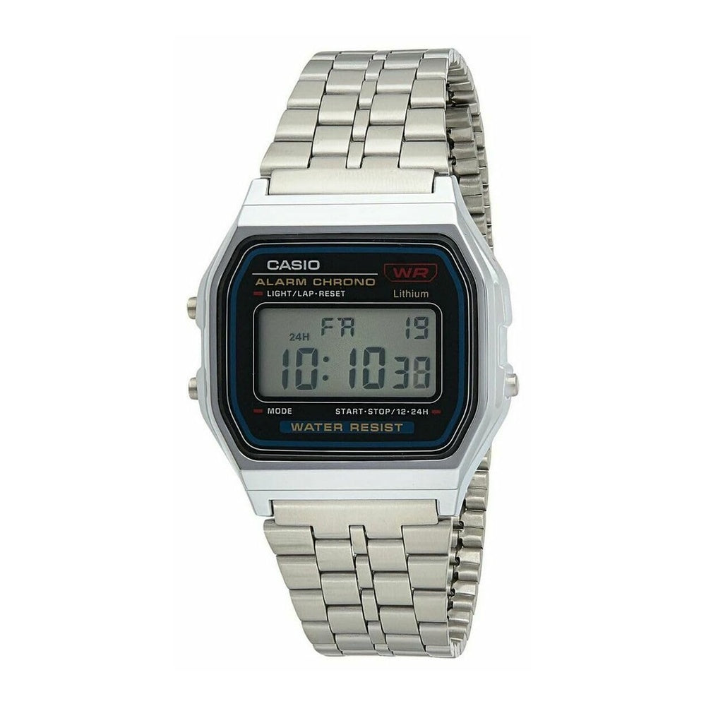Reloj digital clásico Casio A159W-N1DF con brazalete metálico y cierre plegable, ideal para el uso diario, diseño atemporal