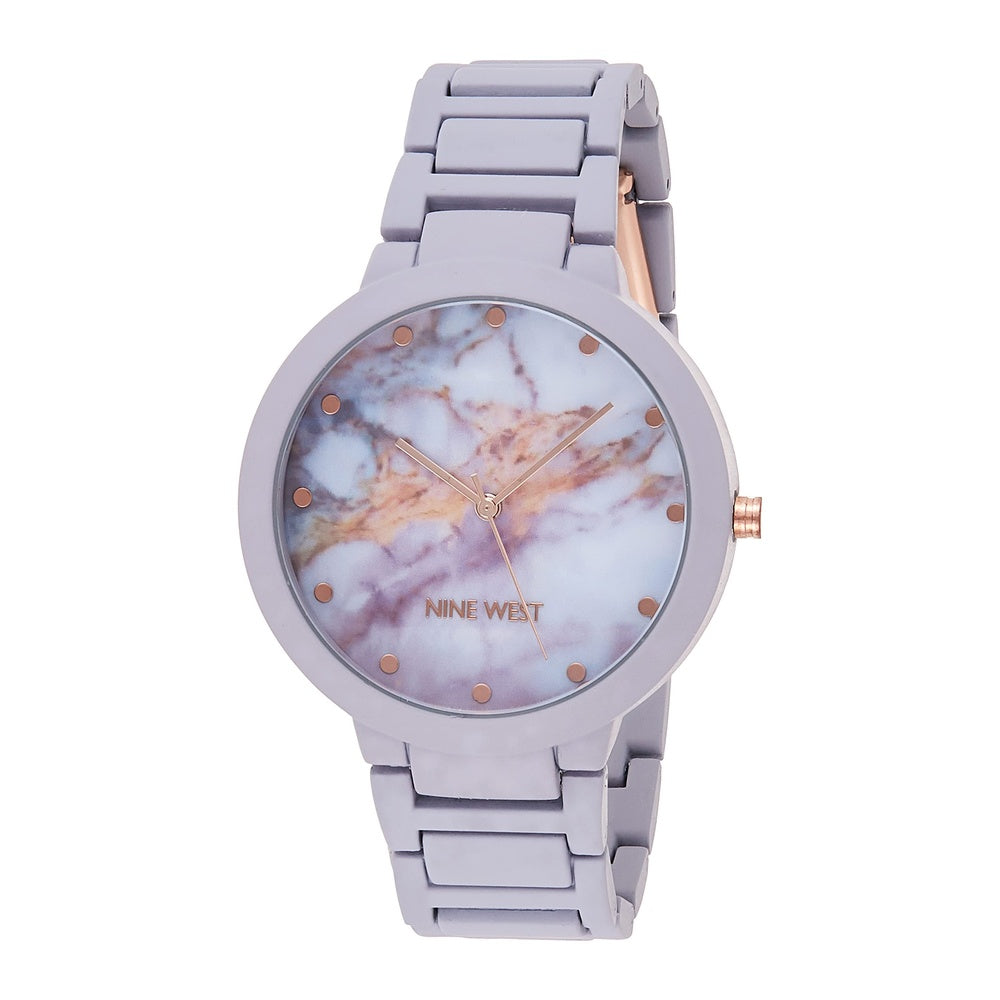 Nine West Reloj de Pulsera Analógico para Mujer, Diseño en Oro Rosa y Banda de Goma Lavanda