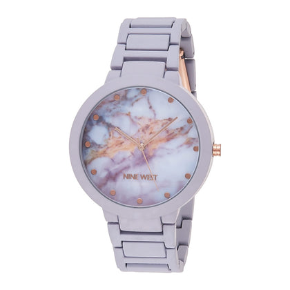 Nine West Reloj de Pulsera Analógico para Mujer, Diseño en Oro Rosa y Banda de Goma Lavanda