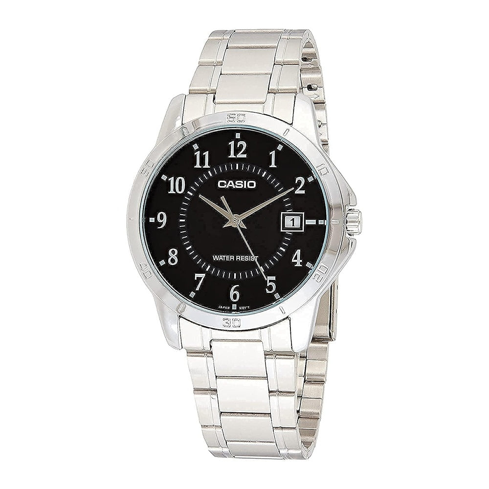 Casio MTP-V004D-1B Reloj de acero inoxidable con esfera negra y movimiento de cuarzo japonés, resistente al agua
