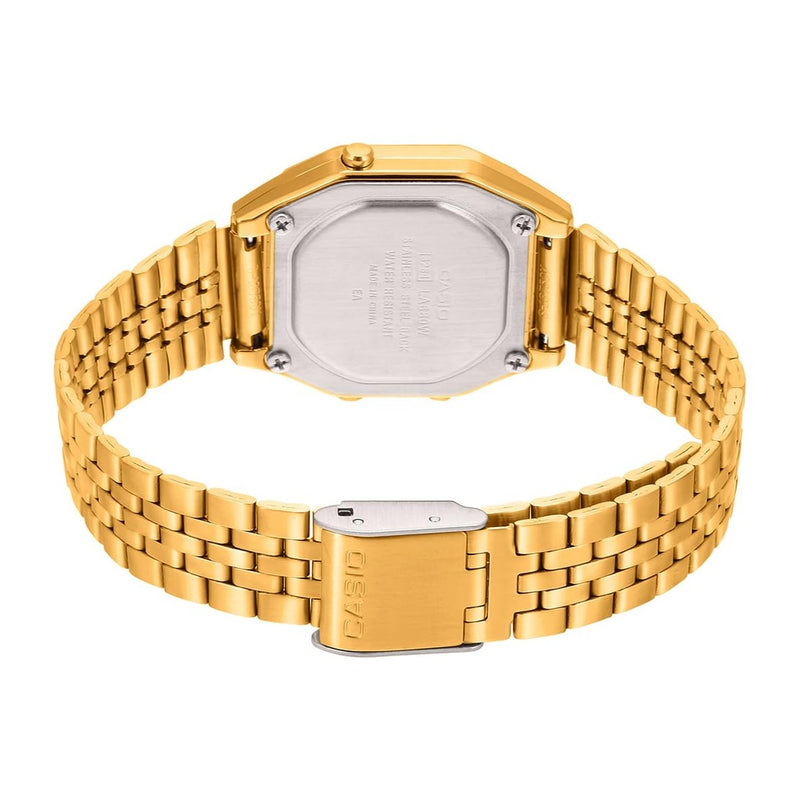 Reloj Casio para mujer modelo LA680WGA-1B, diseño dorado en metal con mecanismo de cuarzo, funciones de alarma y calendario