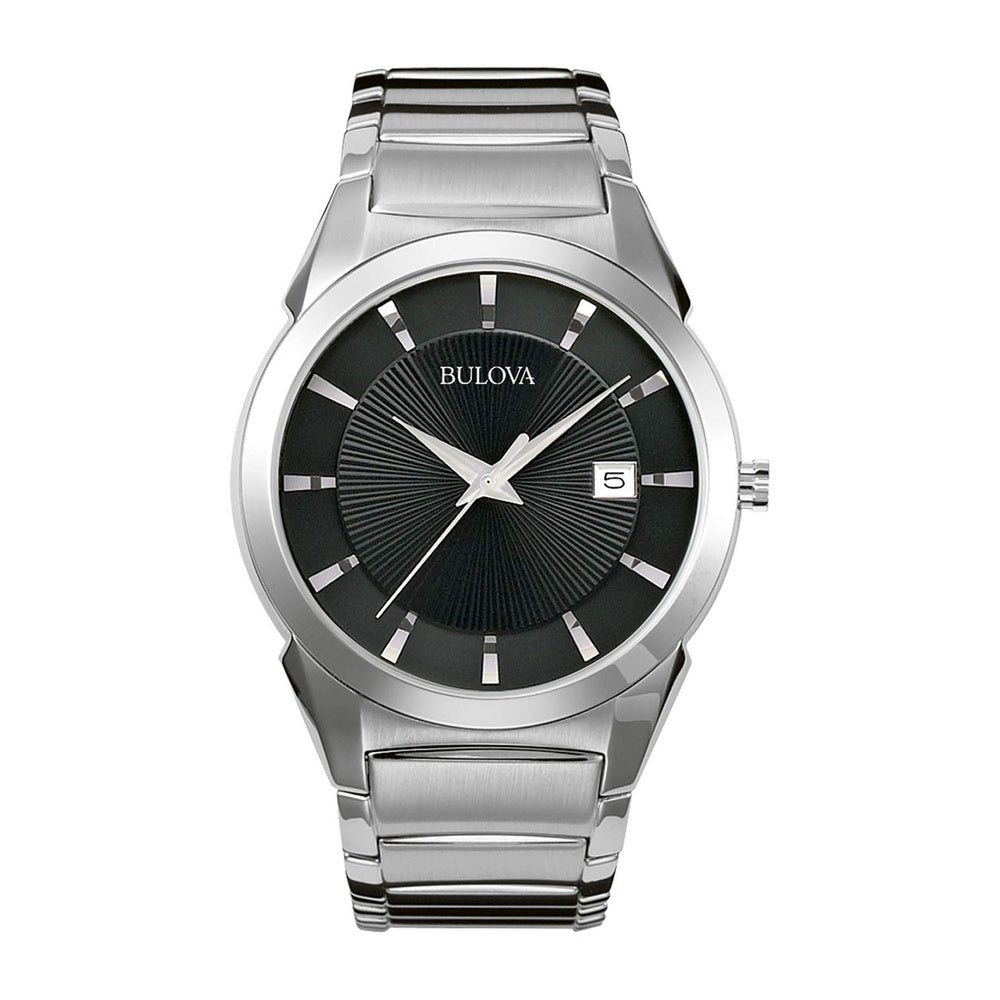 Reloj Bulova de cuarzo para hombre con esfera negra estampada y pulsera plateada de acero inoxidable