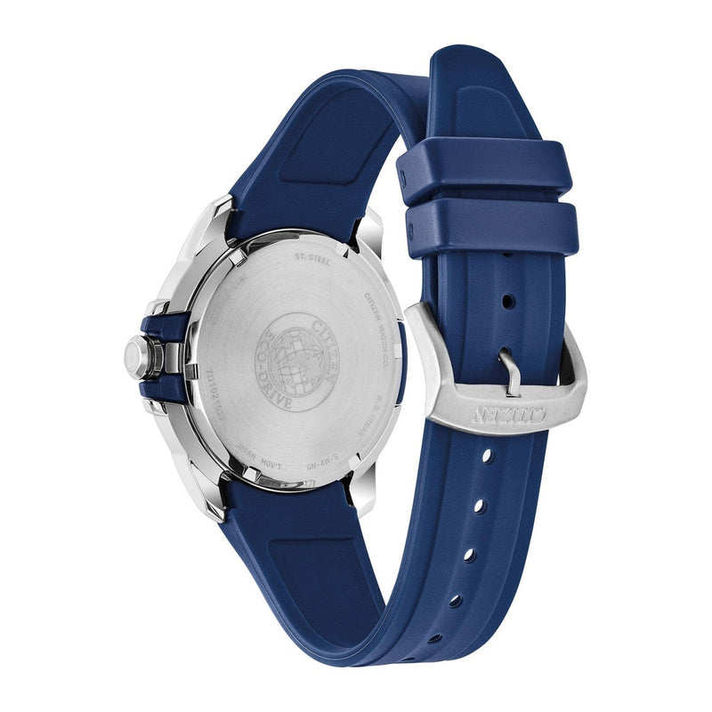 Citizen Reloj Eco-Drive Weekender para hombre en acero inoxidable con correa de poliuretano azul, esfera azul, modelo AW1158-05L