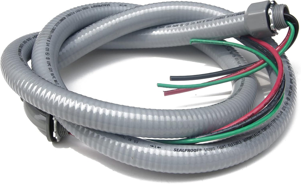 Sealproof Power Whip Assembly, 3/4-Inch x 6 Ft Nonmetallic Liquid Tight Flexible Electrical Conduit and 8 Gauge Wire Sin