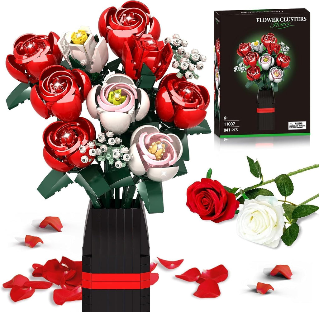 WIDELAND Mother's Day Roses Flower Bouquet Kit, 841PCS Red Roses Artificial Flowers with Vase, Botanical Collection Forever Rose Toy for Adults, Gifts for Mother's Day, Birthday, Wedding