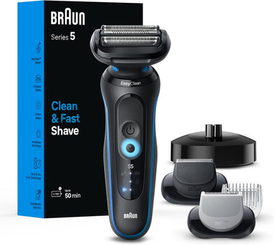 Braun Afeitadora eléctrica para hombres, serie 5 5150cs, maquinilla de afeitar húmeda y seca, modo de afeitado turbo, afeitadora de aluminio, con recortadora de barba, peluquería corporal y soporte de