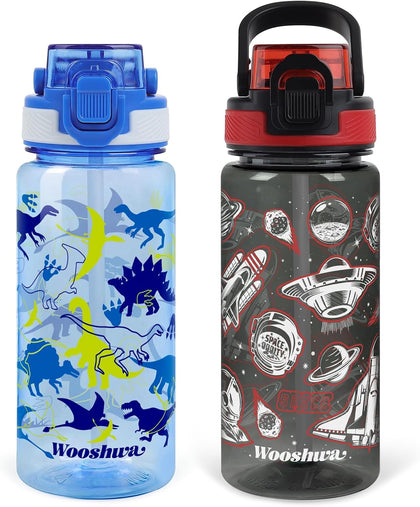 omedecal Kids 20 oz Water Bottle for School, Dinosaur/Spacecraft