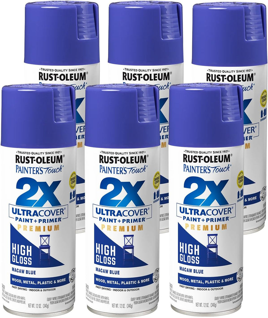 Rust-Oleum 355057-6PK Painter's Touch 2X Ultra Cover Spray Paint, 12 oz, High Gloss Macaw Blue, 6 Pack