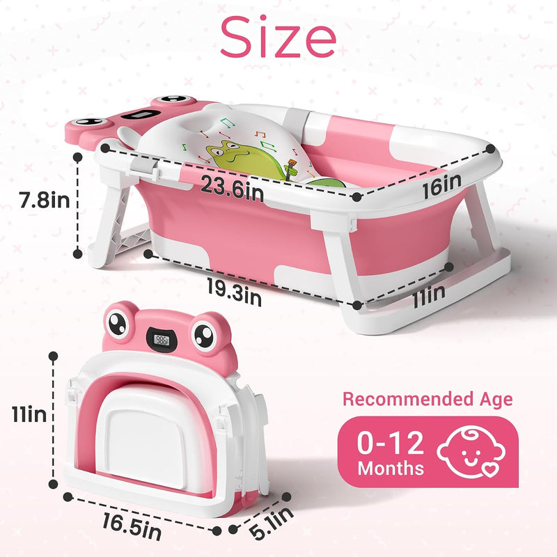BUNWAG Bañera Plegable para Bebé con Termómetro y Cojín Rosa