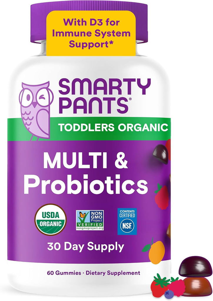 SmartyPants Organic Toddler Multivitamin Gummies: Probiotics, Omega 3 (ALA), Beta Carotene, Vitamin B12, B6, A, K & Zinc, Beta Carotene, Gluten Free, Three Fruit Flavors, 60 Count (30 Day Supply)