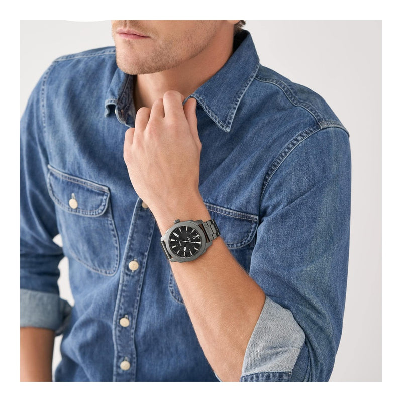 Reloj de pulsera Fossil para hombre, acero inoxidable, 3 manecillas, esfera negra, movimiento de cuarzo, resistencia al agua, estilo clásico
