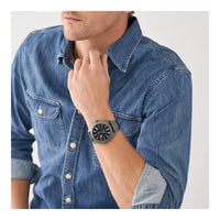 Reloj de pulsera Fossil para hombre, acero inoxidable, 3 manecillas, esfera negra, movimiento de cuarzo, resistencia al agua, estilo clásico