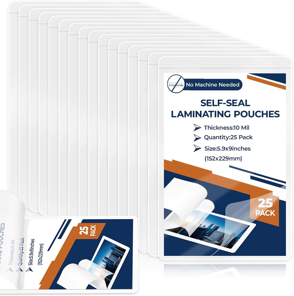 25 Pack 10 Mil 6"x9" Self Seal Laminating Pouches Fits 5.5"×8.5" Photo Hard Self Laminating Sheets Photo Laminate Pouche