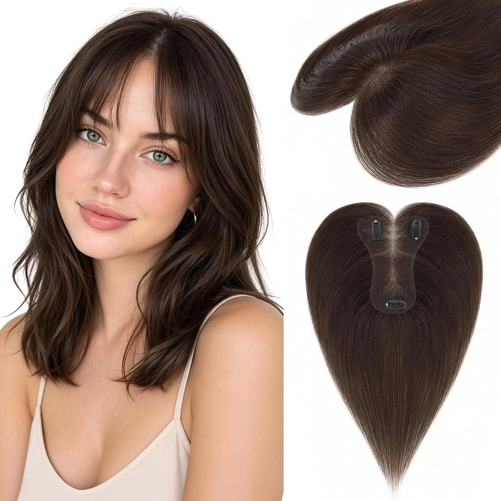 Hairro Hair Toppers For Women Real Human Hair Short Topper Hair Pieces For Thinning Hair Dark Brown Wiglet No Bang Middle Part Side Bangs Hair Clip 10 Inches 17g #02