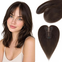 Hairro Hair Toppers For Women Real Human Hair Short Topper Hair Pieces For Thinning Hair Dark Brown Wiglet No Bang Middle Part Side Bangs Hair Clip 10 Inches 17g #02