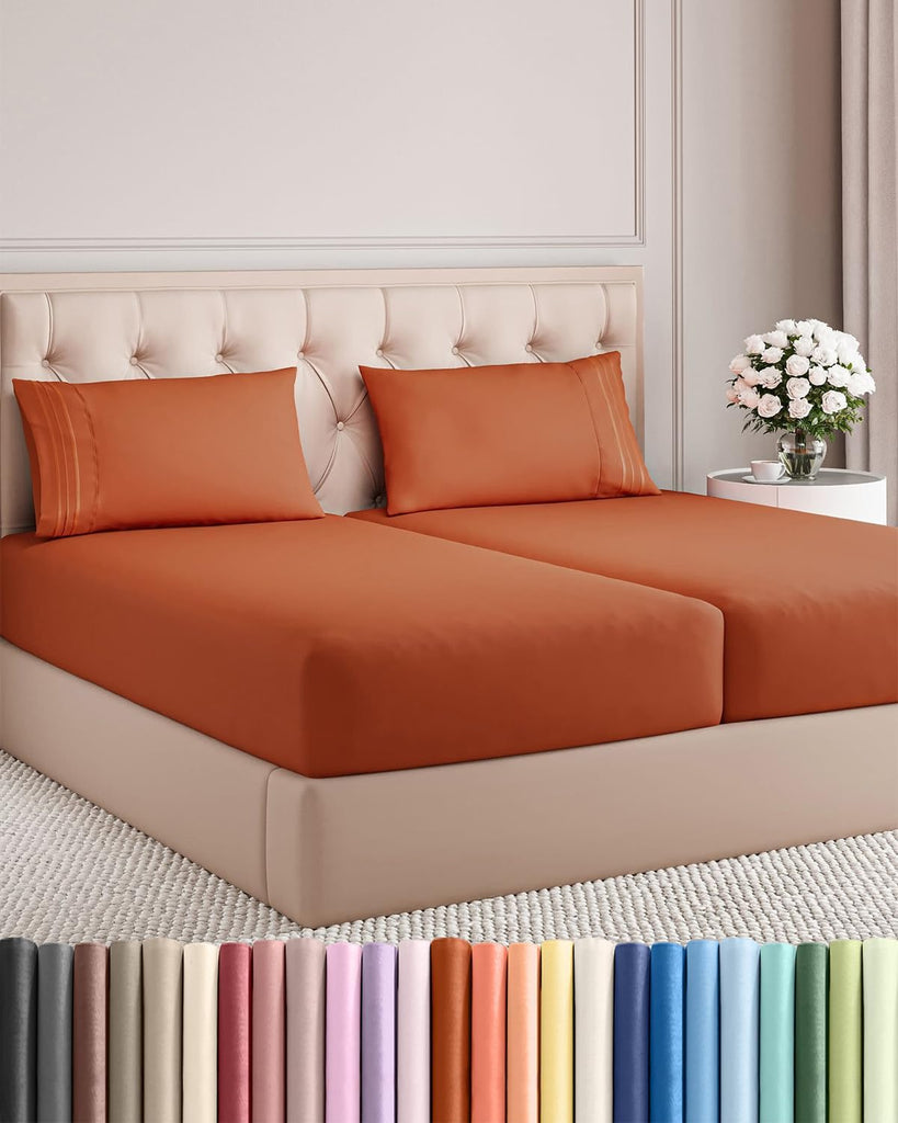 Split King Size 5 Piece Sheet Set - Comfy Breathable & Cooling - Terracotta