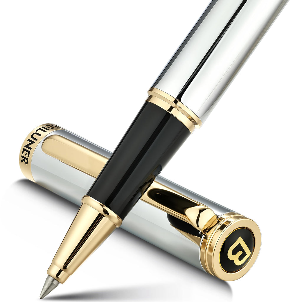 BEILUNER Luxury Rollerball Pen, Stunning Silver Chrome with 24K Gold Finish,Noble and Elegant Designs,Schneider Ink Refill, Best Gift Pen for Men & Women, Professional, Executive Office, Fancy Pens
