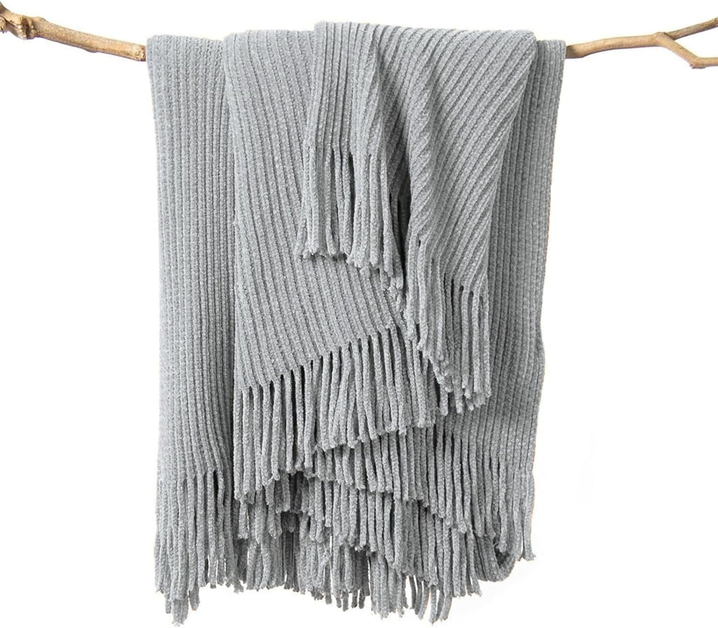 lifein Throw Blanket for Couch, Soft Boho Decor Bed Throw,Cozy Grey Knitted Chenille Small Farmhouse Lightweight Throw (