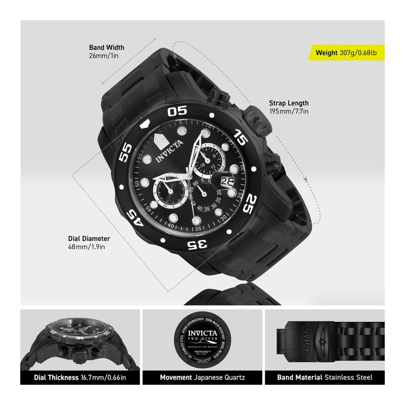 Reloj cronógrafo de cuarzo Invicta Pro Diver con correa de acero inoxidable plateado y esfera negra para hombre, modelo 0073