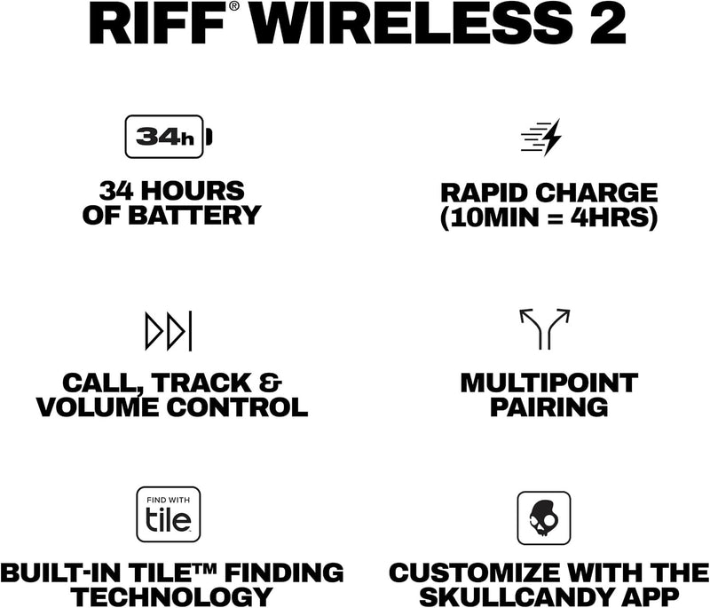 Skullcandy Riff Wireless 2 On-Ear Bluetooth Headphones, Up to 34 Hrs Battery, Foldable Lightweight Design, Convenient for Travel with Included 3.5mm AUX Cable, Microphone for iPhone Android - Black
