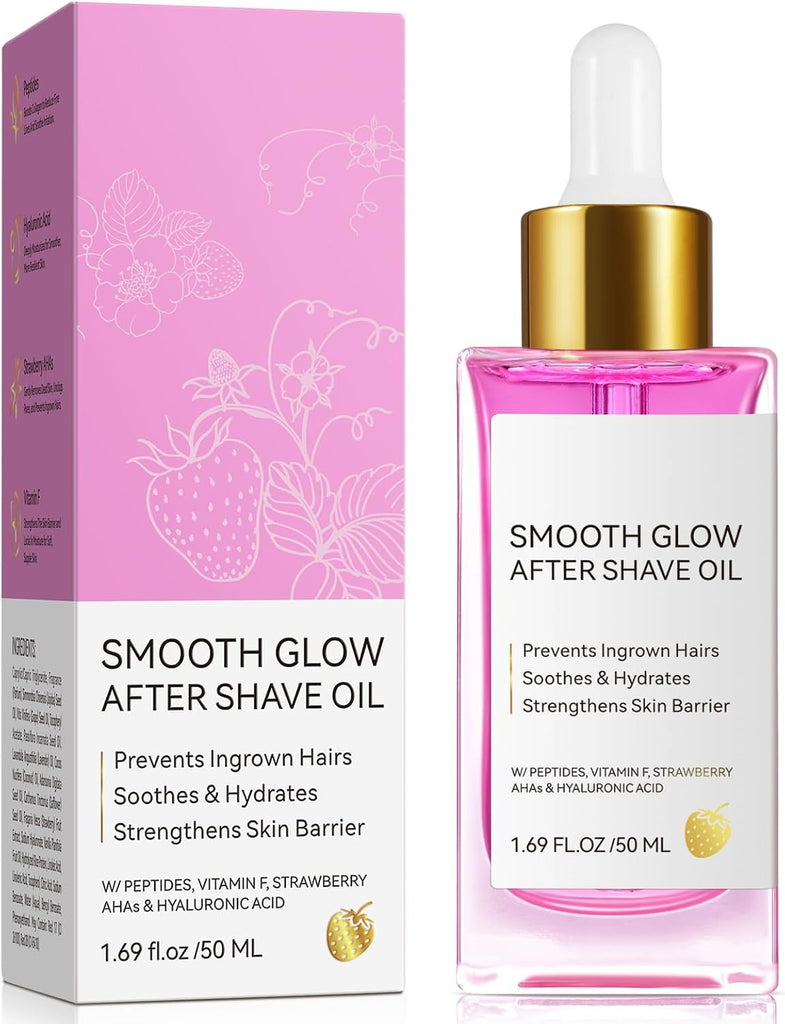 ikini Line Oil for Women - Smooth Glow After Shave Oil & Ingrown Hair Treatment | Razor Bumps, Strawberry Legs & Post Wax Care, Body Oil with Peptides & Strawberry AHA, 1.69 fl oz