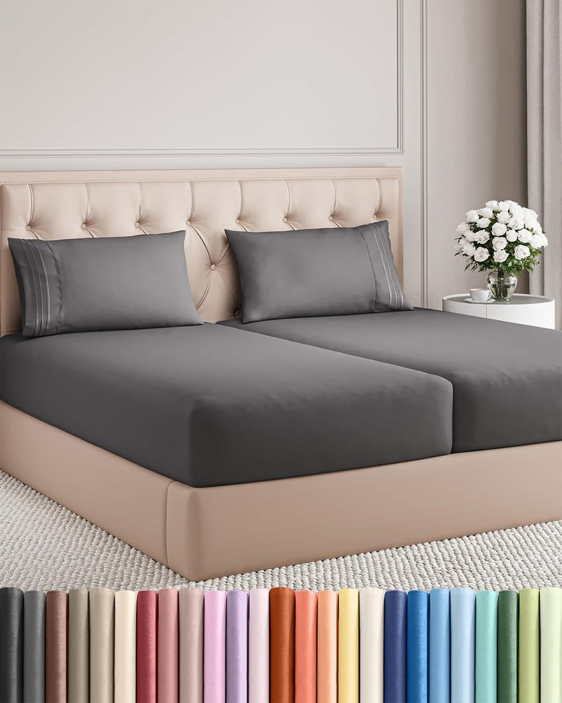 Split King Size 5 Piece Sheet Set - Breathable & Cooling Sheets - Dark Grey