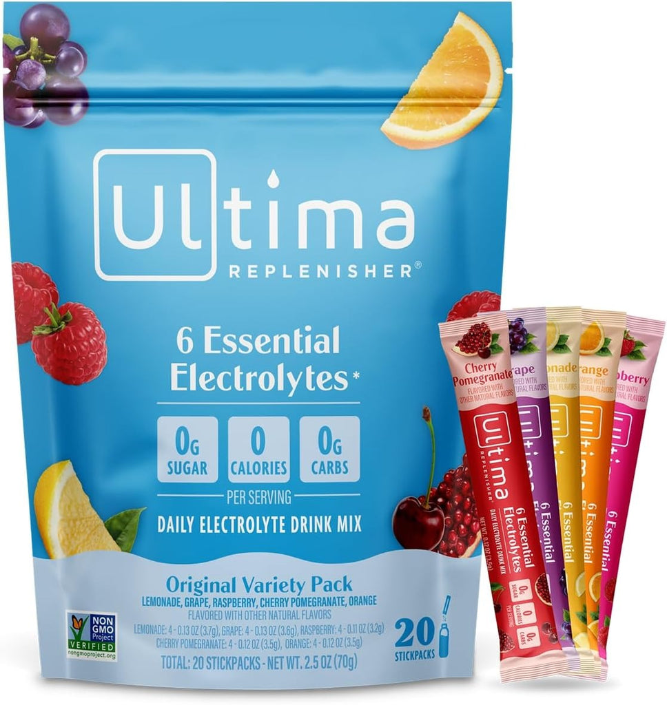 Ultima Replenisher - Bebida de electrolitos en polvo vegana, sin azúcar ni OMG, bebida hidratante adecuada para dieta cetogénica, paquetes individuales, sabores surtidos 5 sabores, 20 unidades