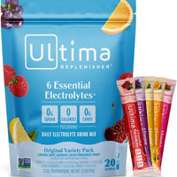 Ultima Replenisher - Bebida de electrolitos en polvo vegana, sin azúcar ni OMG, bebida hidratante adecuada para dieta cetogénica, paquetes individuales, sabores surtidos 5 sabores, 20 unidades
