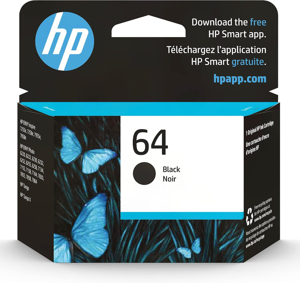 HP 64 Black Ink Cartridge | Works with Envy Inspire 7250e, 7950e, Envy Photo 6200, 7100, 7200, 7800, 7900, Tango Series