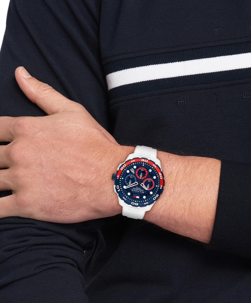 Tommy Hilfiger TH-Regatta Men's Chronograph Quartz Watch – 44mm Stainless Steel Case, Rotating Bezel, Silicone Strap, Nautical- Inspired Sport Style, Gift for Him