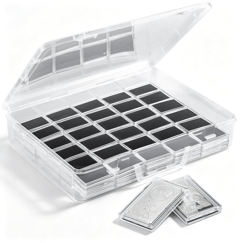 1 oz Silver Bar Case Holder, 100Pcs Individual Clear Rectangle Capsules with 1 Pack Acrylic Storage Box Container for 1