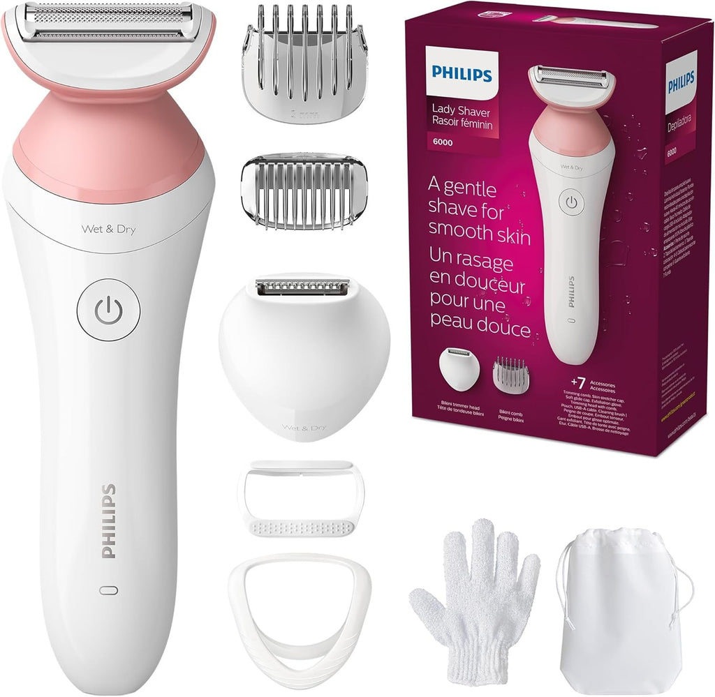 Philips Beauty Lady BRL146/00 - Afeitadora eléctrica serie 6000, inalámbrica con 7 accesorios, color blanco