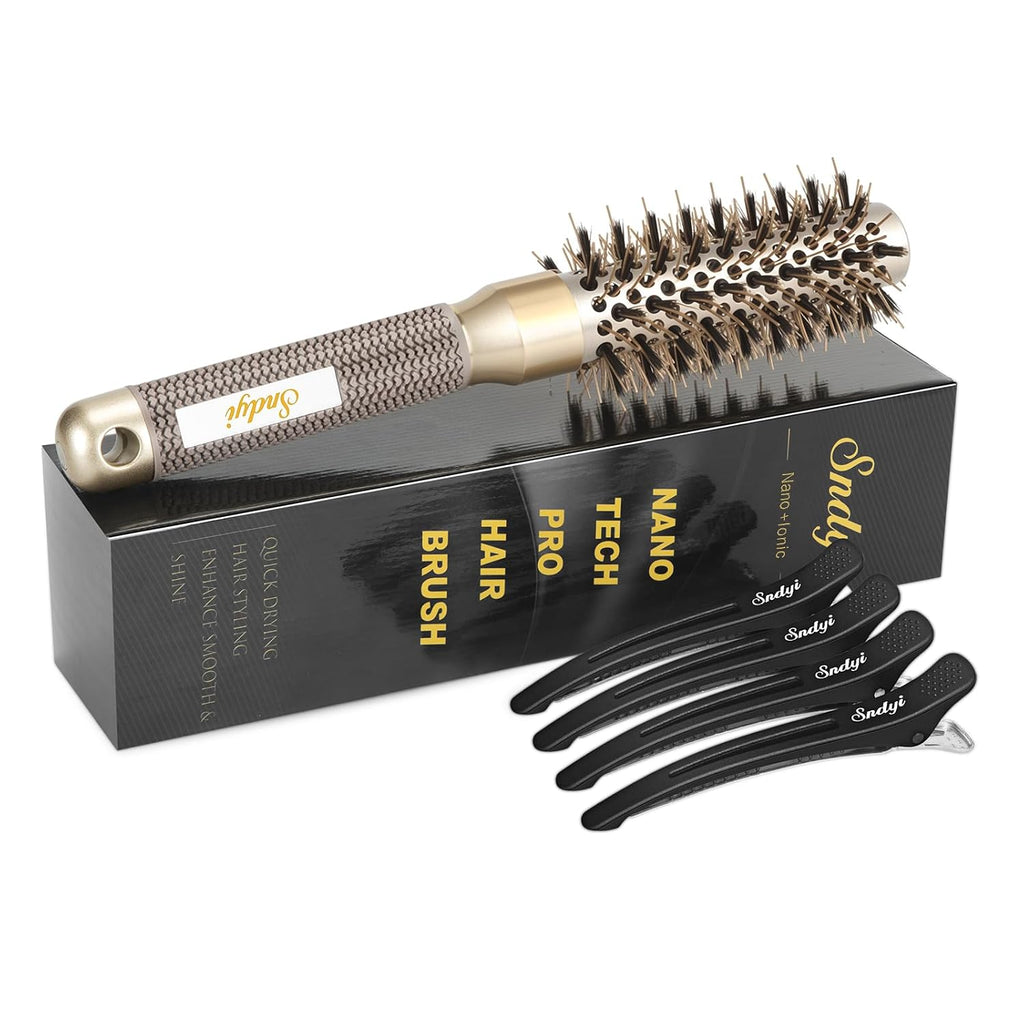 Sndyi Small Round Brush for Blow Out, Nano Thermal Ceramic Ionic Round Hair Brush with Boar Bristles, Boost Shine & Volu