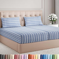 Split King Size 5 Piece Sheet Set - Breathable & Cooling - Blue Stripes
