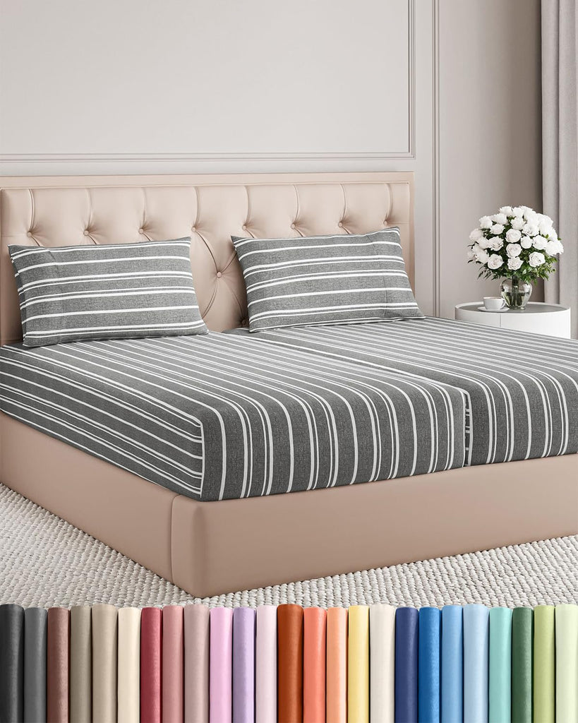 Split King Size 5 Piece Sheet Set - Breathable & Cooling - Grey Stripes
