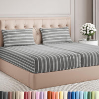Split King Size 5 Piece Sheet Set - Breathable & Cooling - Grey Stripes