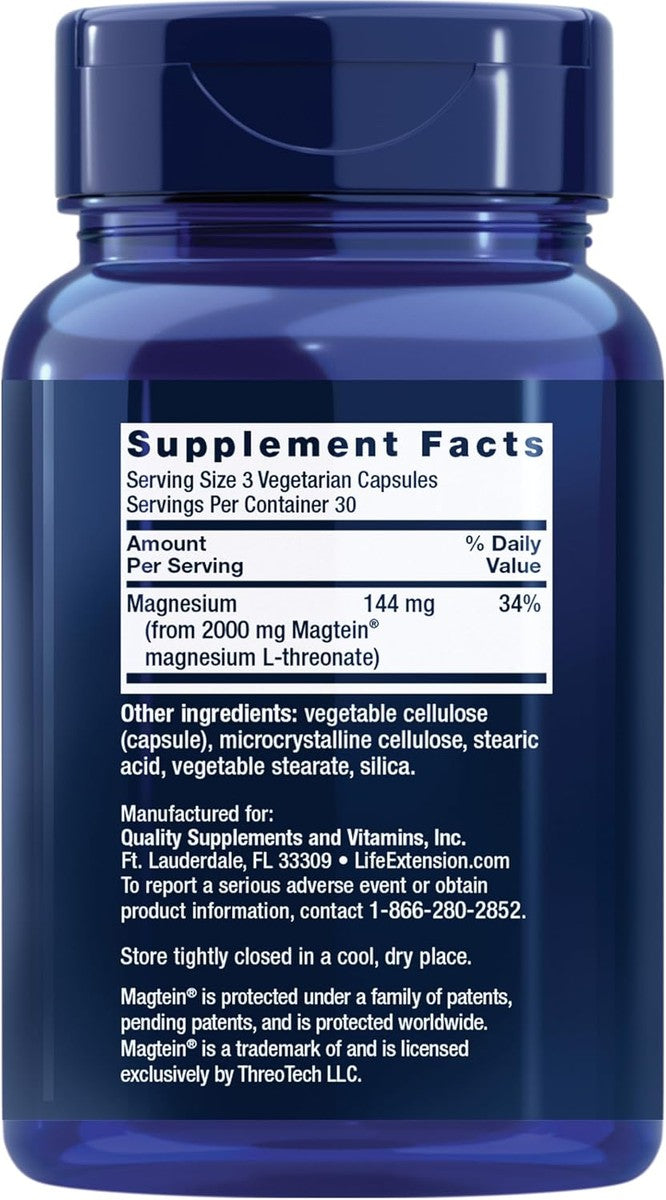 Life Extension Neuro-Mag Magnesio L-treonato, Salud de la Memoria, Pensamiento Rápido, Apoyo a la Salud Cognitiva, Vegetariano, Sin GMO, 90 Cápsulas Vegetarianas (144 mg de 2000 mg de Magtein magnesio