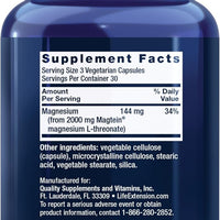 Life Extension Neuro-Mag Magnesio L-treonato, Salud de la Memoria, Pensamiento Rápido, Apoyo a la Salud Cognitiva, Vegetariano, Sin GMO, 90 Cápsulas Vegetarianas (144 mg de 2000 mg de Magtein magnesio