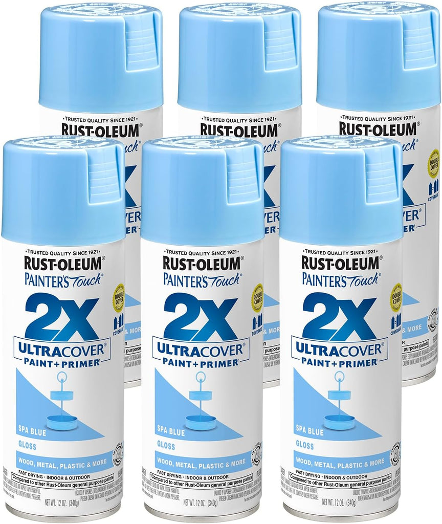 Rust-Oleum 334045-6PK Painter's Touch 2X Ultra Cover Spray Paint, 12 oz, Gloss Spa Blue, 6 Pack