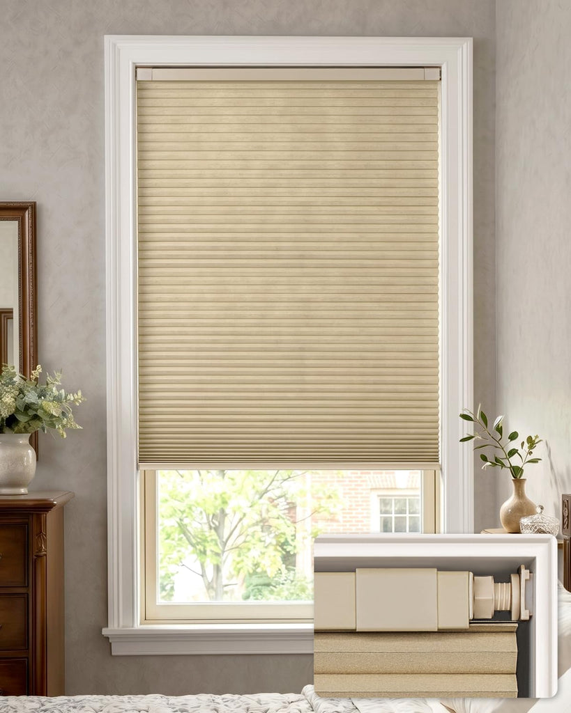 LazBlinds No Drill Blackout Cellular Shades, 34" W x 64" H, Beige