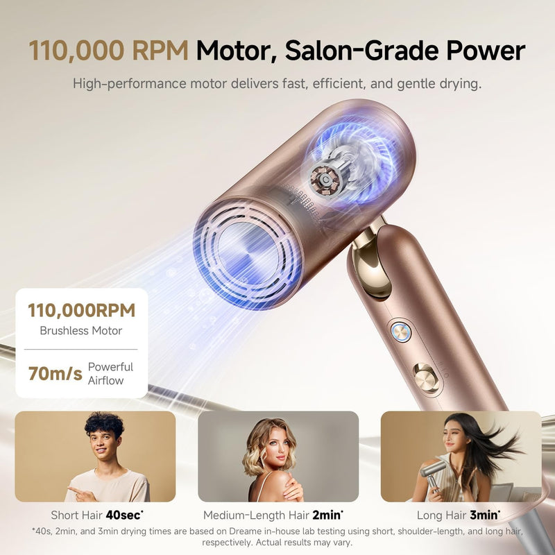 dreame Pocket Pro Hair Dryer, Dual Voltage Travel Blow Dryer with Diffuser, 1300W Professional HighSpeed Ionic Hair Blower, Fast Drying, Low Noise, Lightweight, No Heat Damage, Global Travel 120V/240V